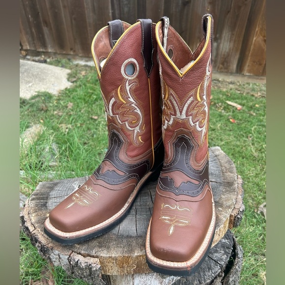 Mens Western 2 tone Brown Cowboy leather Boots w/square toeSz-30 (US 11.5) locBB - Picture 7 of 12